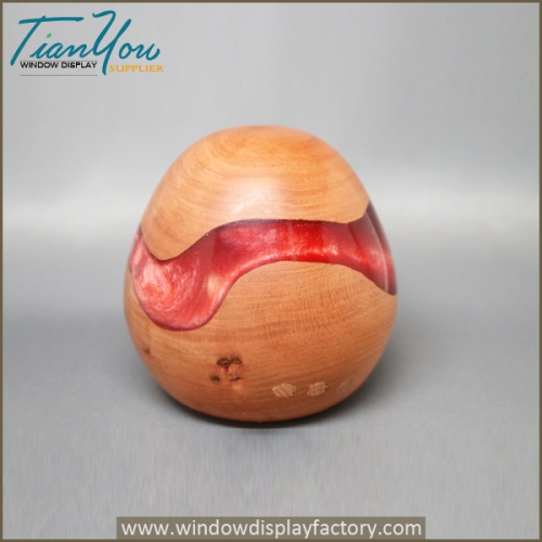 Handmade Wooden Egg Sculpture Colored Red Pearl Resin Embedded